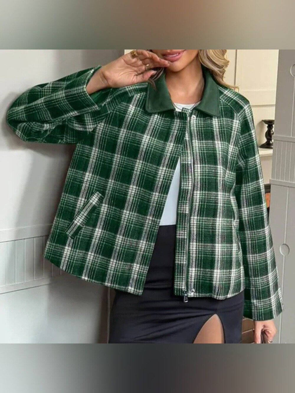 NWOT Green Plaid Bomber With Faux Suede Collar Jacket